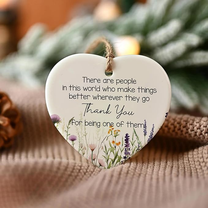 NGHYANA Christmas Tree Ornaments 2025 Heart Shaped Ceramic Thank You Ornament with Wildflower Design – 3.1 Inch Hanging Gift for Appreciation, Gratitude, Teachers, Friends, Coworkers