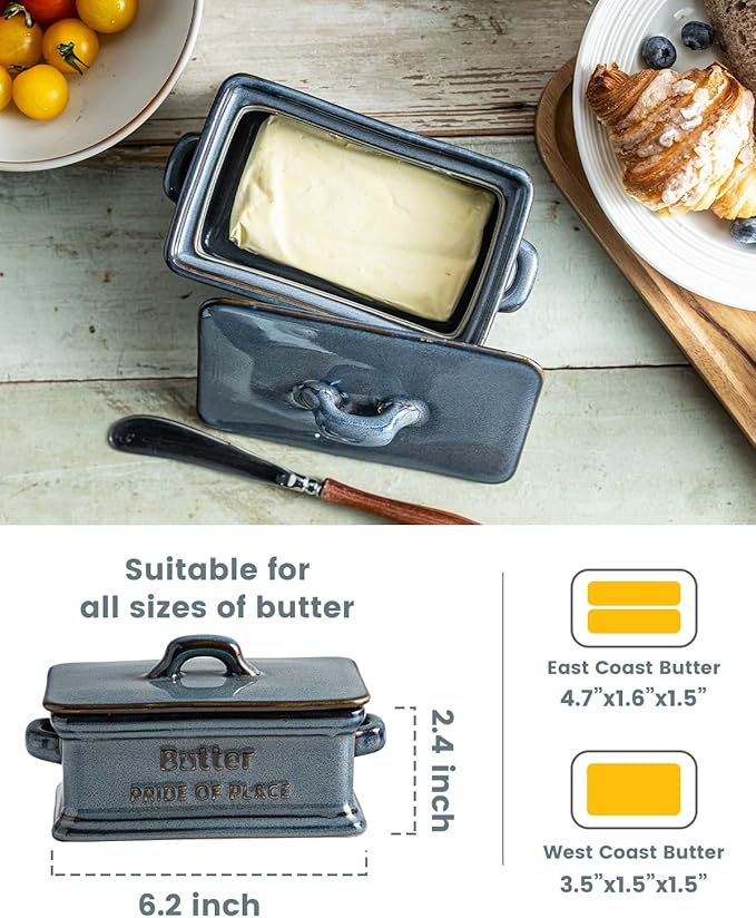 Butter Dish with Lid, Porcelain Butter Dish for Countertop Large Butter Keeper Butter Holder Container for East West Coast Butter, Farmhouse Decor for Mother's Day, Blue