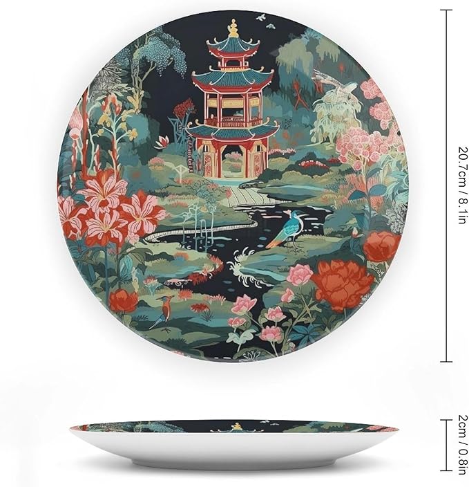 Chinoiserie Charcoal Coral Pagoda Asian Ceramic Decorative Plate of 6", 7", 9", 10", Custom Asian Colorful Pagoda Chinese Plates, Kitchen Farmhouse Decorations Home, 1 Plate with 1 Display Stand