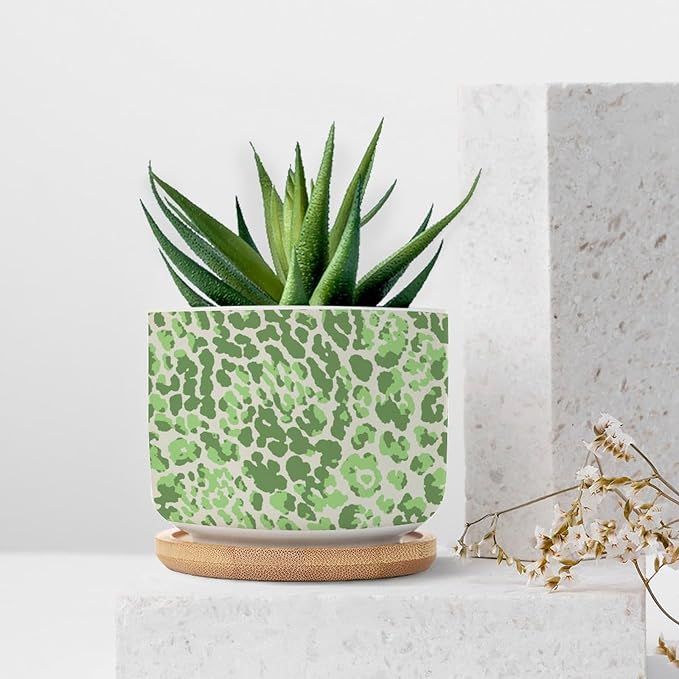 Leopard Green Beige Ceramic Planter Chinoiserie Style Green Snake Plant Live Indoor with Pot with Drainage Holes and Saucers Pot for Pots Outdoor Indoor Plants