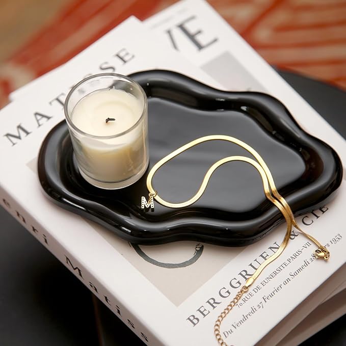 Jewelry Dish Trinket Tray for Women, Ring Dish Holder, Unique Cloud Shape Ceramic Plate Cute Things Vanity Aesthetic Room Decor Mother's Day Birthday (Balck)