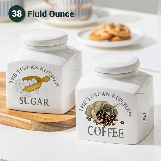 HOMBENE Kitchen Canisters Ceramic Sugar Jar with Lids 38 fl. oz White, Food Storage Jars for Sugar Seasoning Containers
