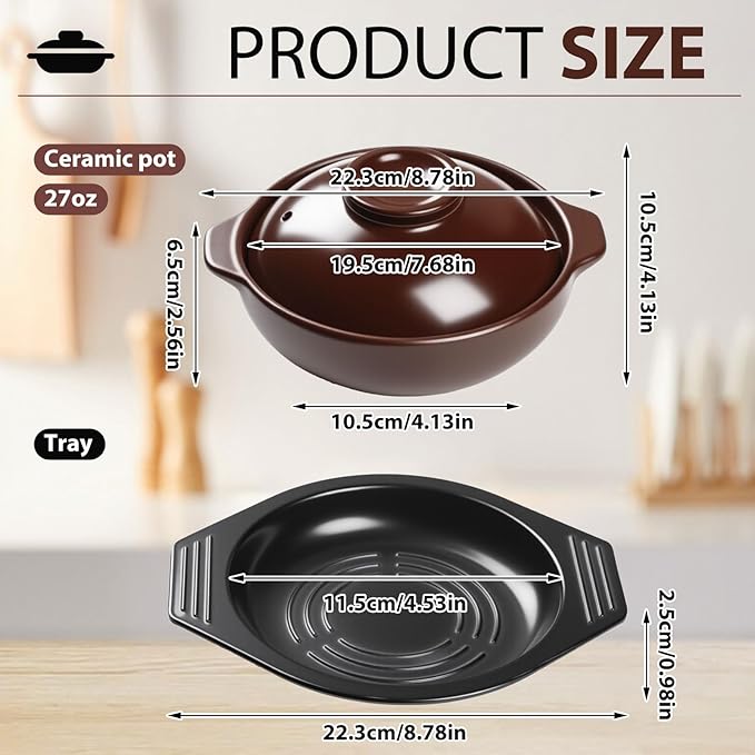 30 oz Korean Ceramic Gas Stove Clay with Lid, Sizzling Hot Pot with Double Handles for Bibimbap, Soup, Rice, Stew, Casserole, and Noodle Cooking, Clay Pot for Gas Stove Use