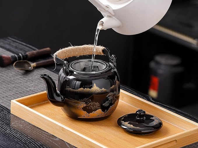 Traditional Japanese tea set, Japanese teapot set, Asian Black glazed tea set with 1 Teapot, 6 Tea cups, 1 Tea strainer, 1 Tea tray (Landscape Black)