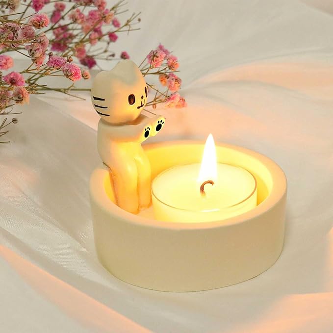 Cartoon Kitten Candle Holder, Cats Warming Paws Candle Holder, Handcrafted Scented Tealight Candle Holder, Cute Home Decor Gift for Cats Lovers-Monochrome
