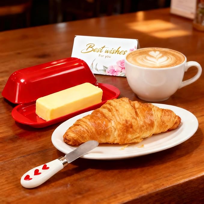 BPA-Free Melamine Butter Dish with Lid & Stainless Steel Knife - Farmhouse Butter Keeper for Countertop & Refrigerator, Dishwasher Safe, Holds 1 Stick with East & West Coast Butter-Red Heart