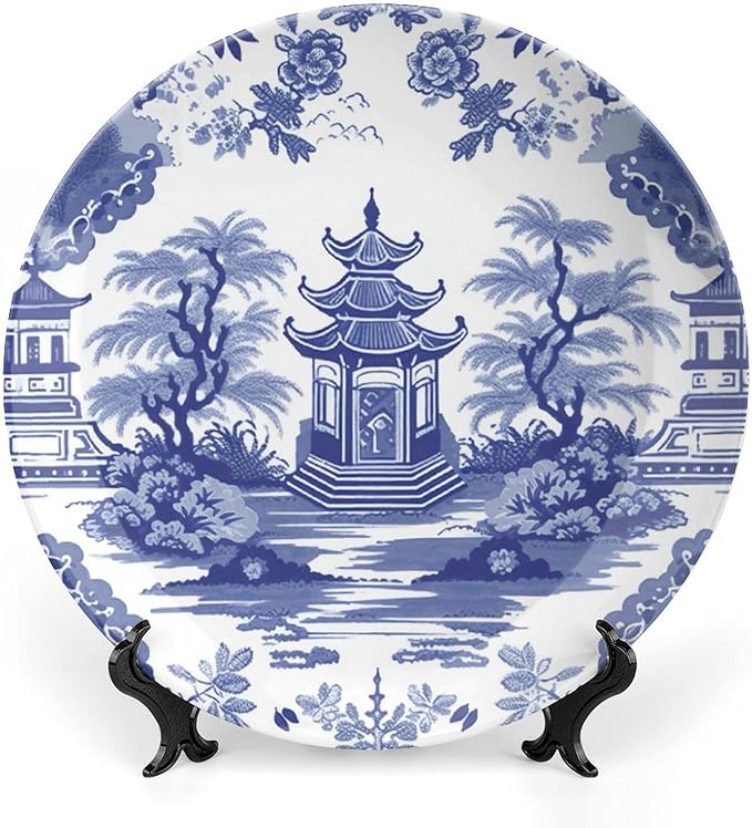 Chinoiserie Blue Asian Pagoda Ceramic Decorative Plate for Display Household Club Supplies Wedding Housewarming Gifts Holiday Party Decorations Personalized Gifts for Men Women Birthday