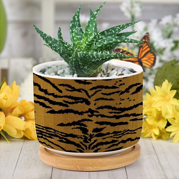 DreamAutumn Tiger Stripes Ceramic Flower Pots,Gardening Plant Pot with Drainage Holes and Saucers Round Ceramic Pots for Indoor Plants Succulent Herbs Cactus Pots for Dad Papa Grandpa
