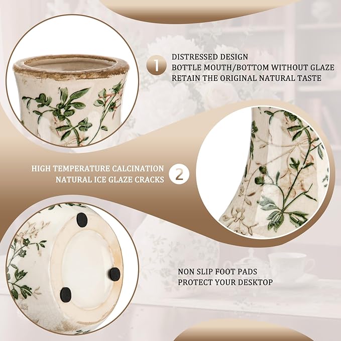 LemonRoad Vintage Ceramic Flower Vase 5.7 Inch Chinoiserie Ice Cracked Glaze Porcelain Vase Rustic Ceramic Large Centerpieces for Home Table Living Room Bookshelf Office(Floral Style)