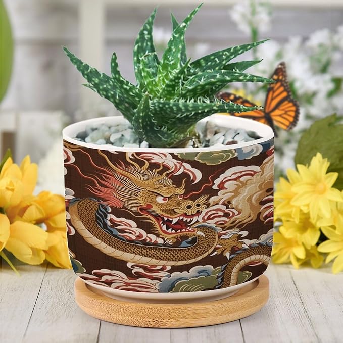 Chiang Dragon Planter Ceramic Chinoiserie Asian Round Plant Pots with Drainage Holes and Bamboo Tray Pot for Pots Outdoor Indoor Plants