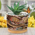 Chiang Dragon Planter Ceramic Chinoiserie Asian Round Flower Pot with Drainage Holes and Bamboo Tray Pot for Home Desktop Office Windowsill