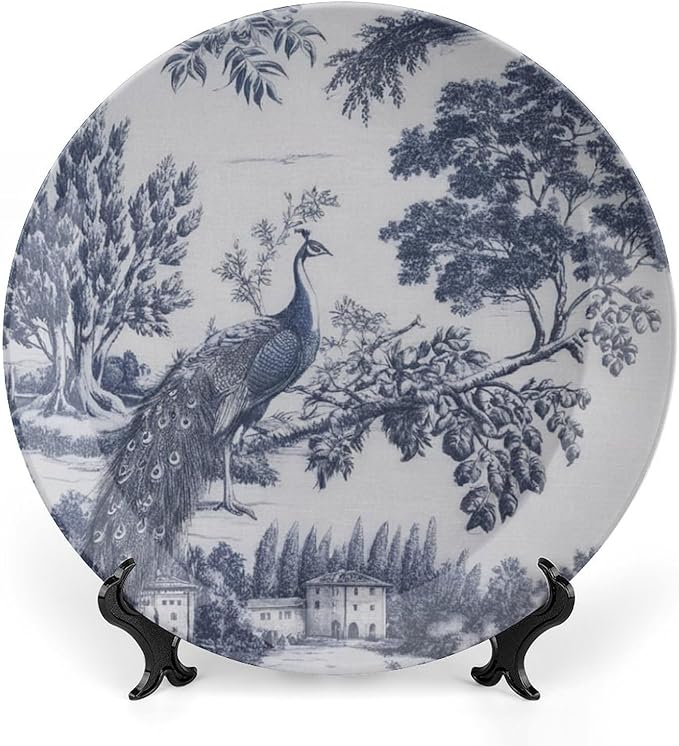 Blue And White Chinoiserie Peacock Plates Ceramic for Display Asin Blue Chinoiserie Bird Office Table Supplies Kitchen Display Holiday Party Decorations Custom Gifts for Men Women Birthday