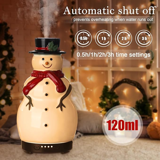 Christmas Essential Oil Diffuser 120ml Ceramic Snowman Aromatherapy Humidifier, Holiday Diffuser Gift, Xmas Stocking Stuffer, Cute Tabletop Christmas Decoration for Home Office Winter