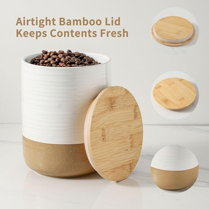 HASENSE 80oz White Ceramic Food Storage Jar with Bamboo Lid – 7.5 Inch Minimalist Kitchen Canister for Pantry, Dry Goods, Sugar, Tea, Flour – Airtight Wide Mouth Container with Natural Base