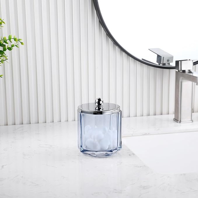 Light Blue Translucent Apothecary Octagional Shaped Glass Canister Jar With Metal Lid Cover for Bathroom Organization, Cotton Balls, Q Tips, and Small Accessories, Bathroom Storage