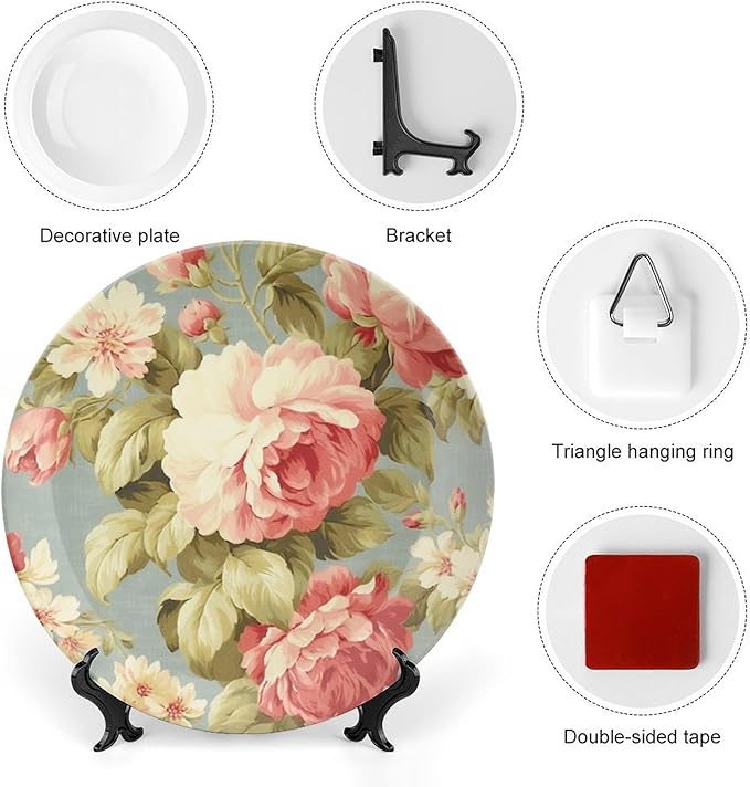 Pink Cabbage Roses Romantic Aqua Decorative Plate for Display Festival Display Supplies Table Club Holiday Party Decorations Custom Gifts for Men Women Birthday, 6", 7", 9", 10"