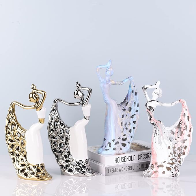 DOVDOV Abstract Ceramic Peacock Dancer Statue, Female Ballerina Decoration, Gold and Silver Home Decor Trinkets for Dance Studio Living Room TV Cabinet Console Dresser Entryway Countertop Decoration