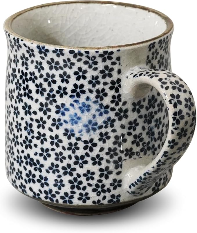 Nostalgic Mino Ware Ceramic Sometsuke Small Mug Cup - Japanese Crafted, Floral Pattern, Comfort Grip Handle, For Coffee and Green Tea or Soup, Matcha Tea, Gift Box Included (Mountain Cherry)