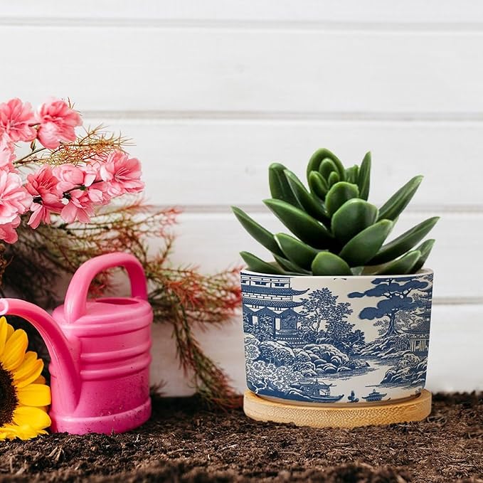 Planters Ceramic Chinoiserie Blue And White Porcelain Pattern Ceramic Pots with Drainage Holes Round Flowerpot Bamboo Tray Plant Pots for Succuelnt And Little Snake Plants Pots for Nana Grandma