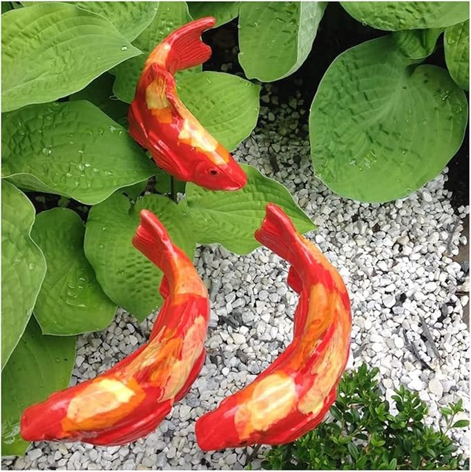 3PCS Koi Fish Decor Garden, Garden Koi Fish Sculptures Ceramic with Stake, Garden Koi Resin Crafts, for Outdoor Pond, Patio Decor, Backyard and Kitchen Decoration(Color:F)
