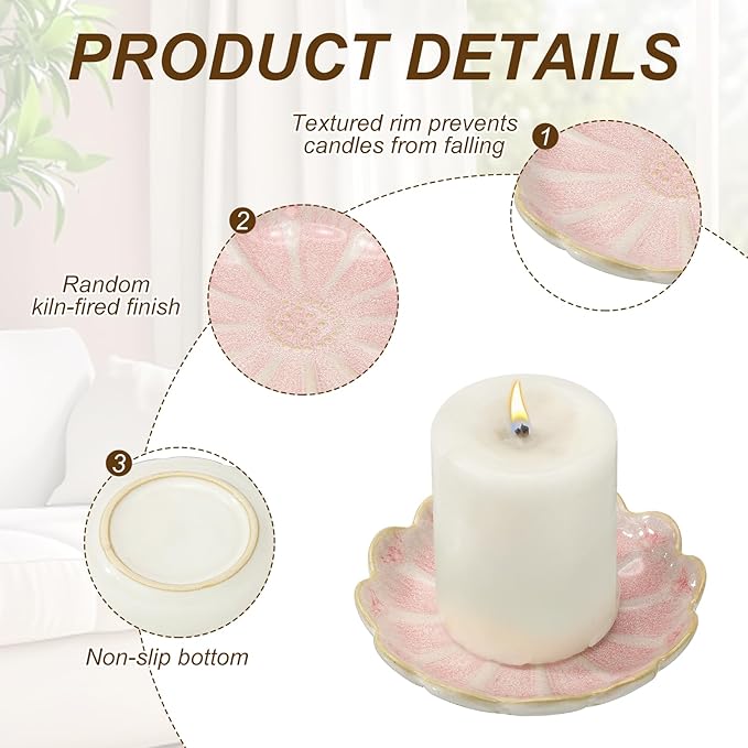 uxcell Candle Holder Plates, 4 Inch Ceramic Candle Tray Tealight Incense Holder Dish Candlestick for Tea Light Aromatherapy Wedding Rustic Vintage Home Decor, Sunflower Clear Pink