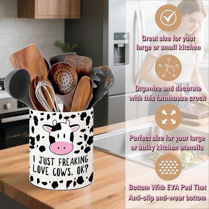 Cow Kitchen Decor, 6.5inch Ceramic Utensil Holder with Cow Design, Rustic-Style Indoor Kitchen Utensil Storage Rack, Ideal for Spoon Storage and Cooking Tools, Gift for Kitchen Organizers