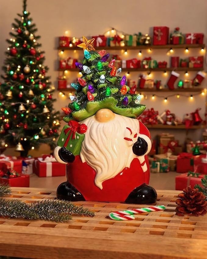 Garvee 13" Battery Powered Ceramic Santa Christmas Tree with 50 Colorful LED Lights, Vintage Tabletop Decor, Holiday Candy Jar for Home, Desk, Office & Gift