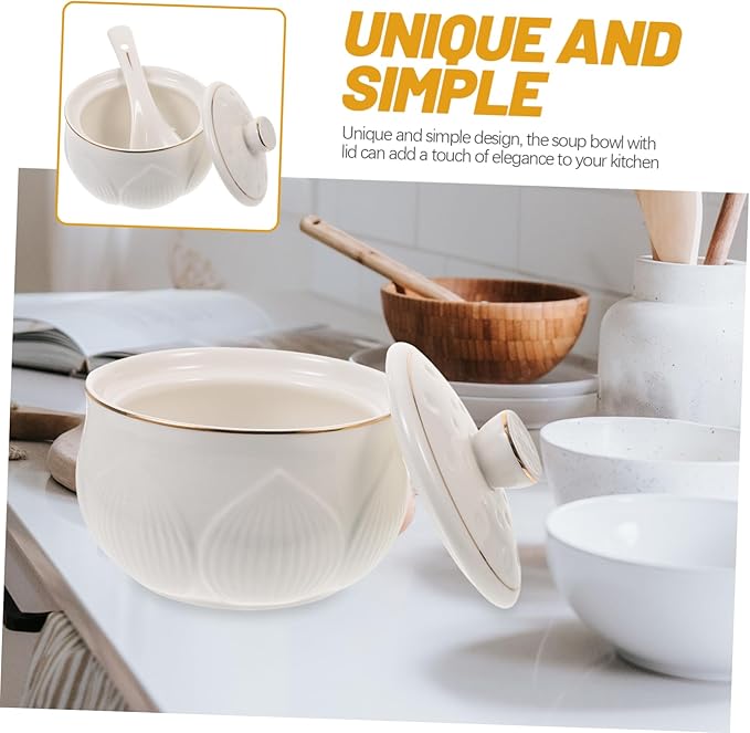 Alipis Luxury Ceramic Stew Bowl Set with Lid and Spoon High-End Gold Trim for Soups and Desserts Kitchen Steaming Bowl for Home Use