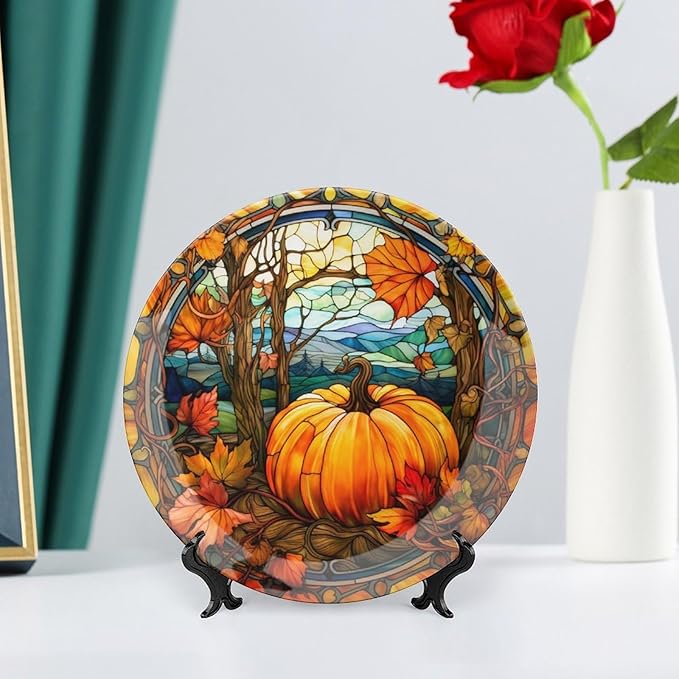 Decorative Plates, Fall Pumpkin Watercolour Stained Glass Design Ceramic Dinner Plate Home Wobble-Plate with Display Stand, Wall Hanging Decor for Kitchen Household 8 Inch, Gifts for Thanksgiving