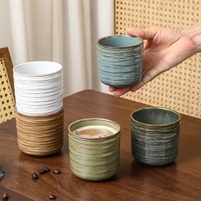 Vinitage Ceramic Mug, Japanese Tea Cup 6oz Cup No Handle Drinking Cup for Latte Milk Water Beverage Juice Microwave and Dishwasher Safe, Kiln Transformation Cup (Vintage Blue)