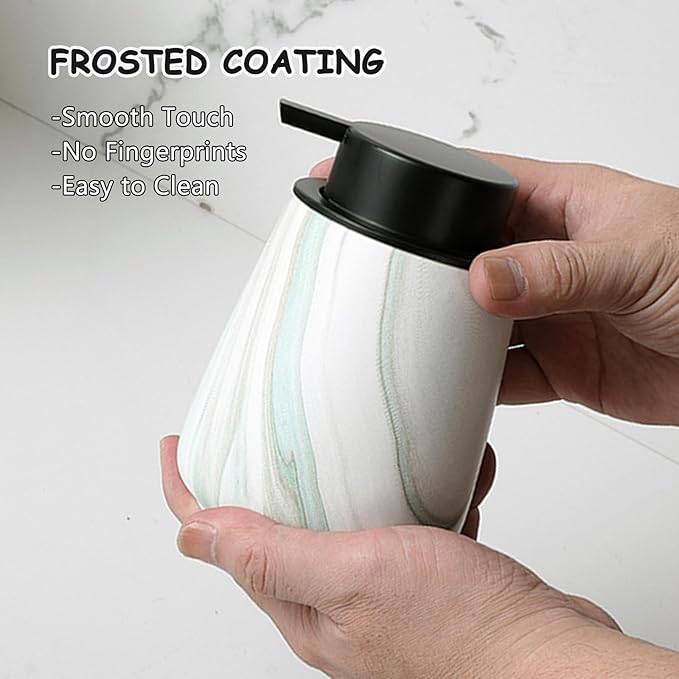 12Oz Ceramic Liquid Soap Dispenser - Modern Lotion Hand Soap Dispenser with Easy-to-Press Black Pump, Reusable and Refillable Dish Soap Dispensers for Bathroom & Kitchen, Marble Green