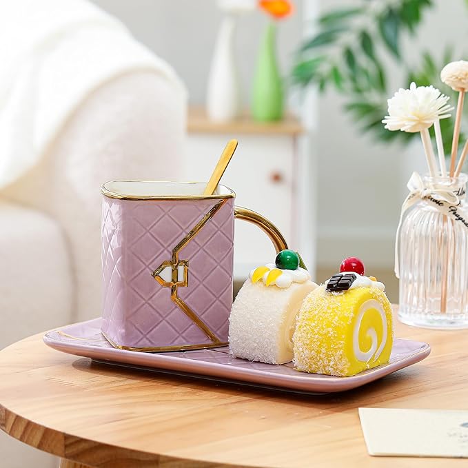 Zubebe 1 Set Coffee Mug Elegant Handbag Shaped Cup Mother's Day Modern Ceramic Purse Mug with Spoon and Saucer, 10oz Cute Creative Tea Cup for Woman Girls Gift (Purple)
