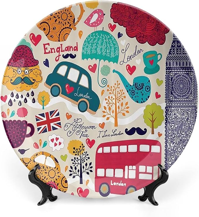 10 Inch Decorative Plate, London Decor Ceramic Craft, Colorful Local Symbols Bus Big Ben Tea Pot Cup Umbrella Hat Retro Print Ceramic Wall Hanging for Home & Office Wall Hanging Decor, Orange Blue