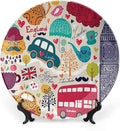 10 Inch Decorative Plate, London Decor Ceramic Craft, Colorful Local Symbols Bus Big Ben Tea Pot Cup Umbrella Hat Retro Print Ceramic Wall Hanging for Home & Office Wall Hanging Decor, Orange Blue