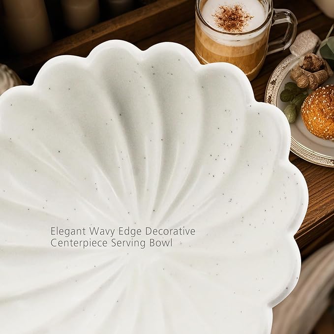 Accessoryway 8" White Fluted Scalloped Decorative Bowls -Moderate Ceramic Fruit Bowl for Kitchen Counter, Elegant Wavy Edge Centerpiece Bowls for Home Decor, Perfect for Housewarming &Wedding Gift