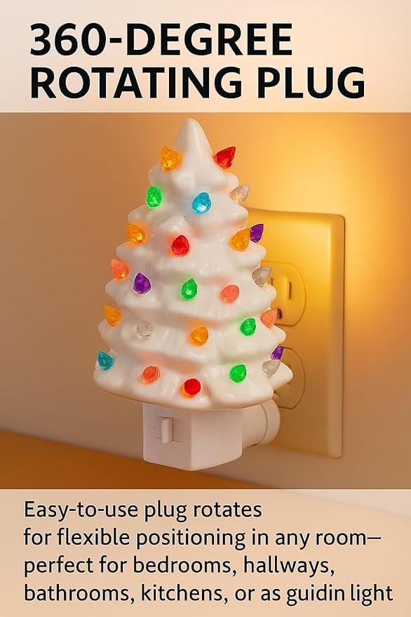 Christmas Night Light - White Tree Christmas Nightlight Plug Into Wall, 6" Ceramic, Holiday Decorations, Winter Home Décor for Kids/Adults