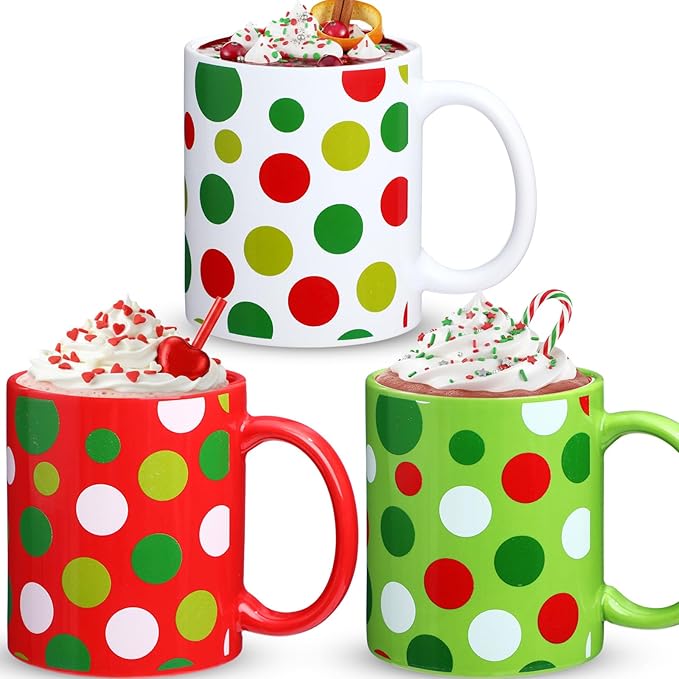 Sliner 3 Set 11 oz Christmas Ceramic Coffee Mugs Red Green Polka Dot Cup Funny Gift Cute Festive Ceramic Tea Cup Xmas Holiday Birthday Gifts for Men Women