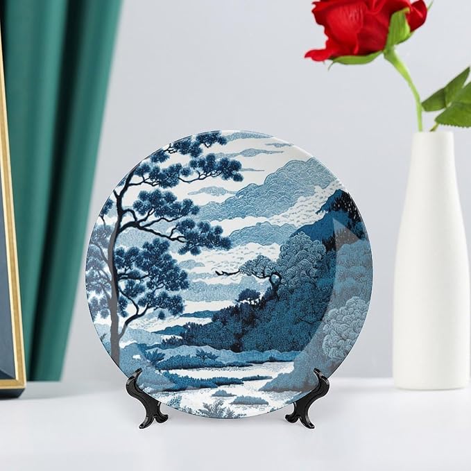 Blue And White Indigo Chinoiserie Vintage Plates, Asian Scenic Ceramic Hanging Decorative Plate for Household Wall Farmhouse Decor, Including Bracket And Special Hook Art Decorations for Club Display