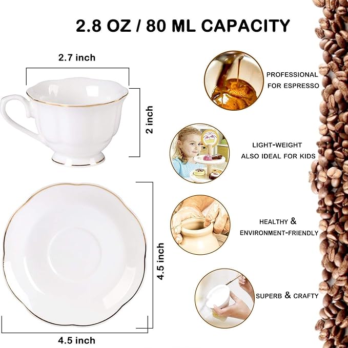 Guangyang 12 pieces Fine Porcelain 2.5oz Cups and Saucers set of 6 Turkish Coffee Cup set for Double Espresso White Color with Gold Trim