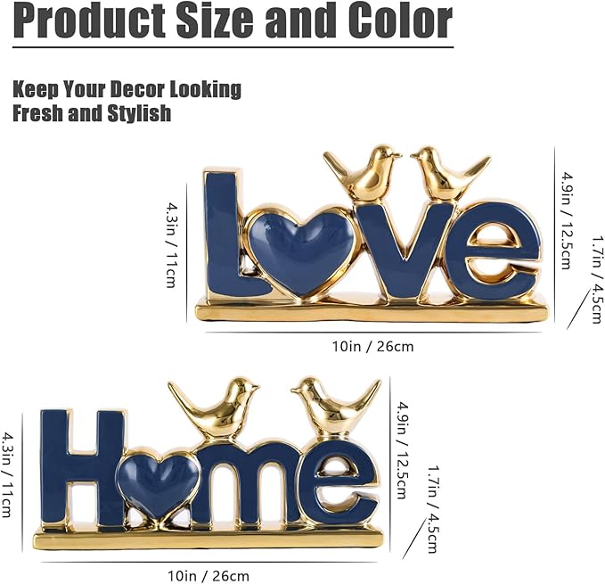 Ceramic Love & Home Sign Decor with Bird Statues Set 2,10" Modern Blue Gold Tabletop Sculptures for TV Stand,Floating Shelf & Entryway,Romantic Wedding & Warm Housewarming Gift Set (Blue)