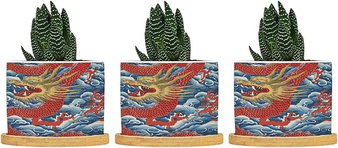 Dragon Chinoiserie Planter Ceramic Asian Inspired Round Plant Pots with Drainage Holes and Bamboo Tray Pot for Pots Outdoor Indoor Plants