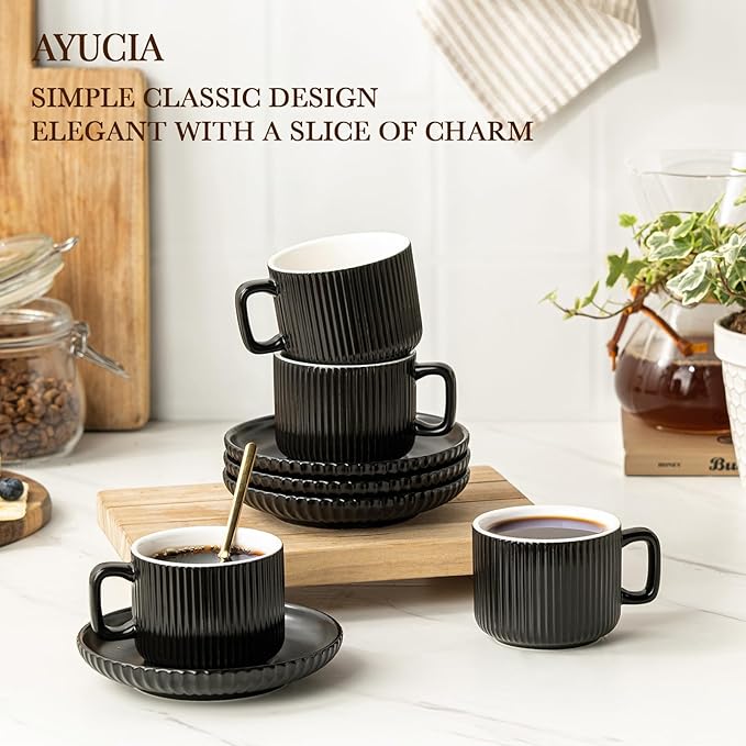 5 Ounce Espresso Cups Set of 4, Small Coffee Cups with Saucers and Spoons, Black Ceramic Demitasse Espresso Mugs