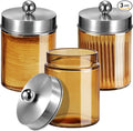 3 Pack Apothecary Jar Canisters Bathroom Vanity Organizer - Qtip Holder Storage Organizer Set Countertop Canister with Stainless Steel Lids &Cute Stickers for Qtips,Cotton Swabs,Makeup Sponges,Floss