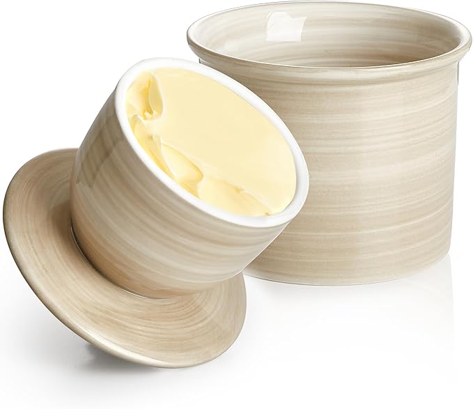 Sweese Hand-Painted Butter Crock with Water – French Butter Keeper Crock with Lid for Countertop, Artistic Design, Dishwasher & Microwave Safe, Gift-Ready-Light Grey