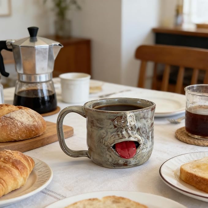Handmade Face Shaped Ceramic Mug, Human Face Design Ceramic Coffee Cup, Funny Tongue Out Facial Ceramic Mug, Artistic Sculptural Facial Mug Cup, Novelty faces Mug Coffee Tea Desk Decor