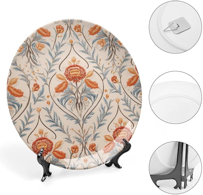 Vintage Orange Floral Fashion Plates, Birds Floral Pattern Customize Ceramic Dinner Plates for Art Decoration Wedding Display Decor, 1 Plate with 1 Display Stand Art Decorations for Household Club