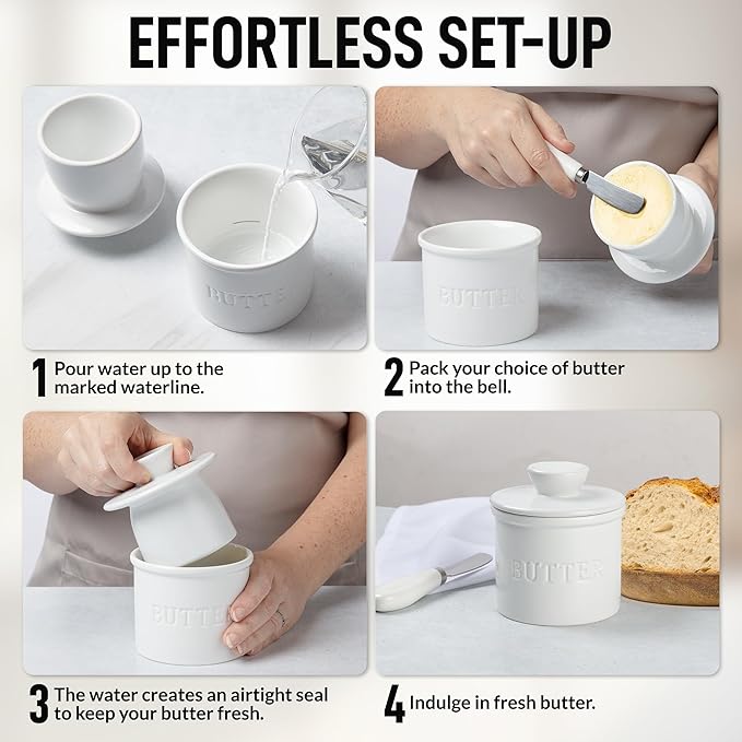 Zulay Kitchen Bell Shaped Butter Crock with Lid for Countertop with Water Line & Spreader Knife, Ceramic French Butter Dish Keeper For Fresh, Soft & Spreadable Butter - White