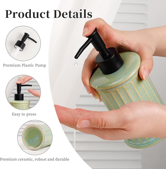 ANTIS'S HOME Soap Dispenser Liquid 11.84OZ | Ceramic Refillable Hand Dish Soap Dispenser for Kitchen Bathroom Light Green
