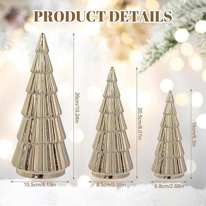 Wesiti 3 Pieces Gold Ceramic Christmas Tree Figurines Tabletop Small Decorative Xmas Tree Desktop 6.3" & 8.1" & 10.2" Tall Holiday Table Centerpieces for Office Home Mantle Shelf Cabinet Decor Indoor