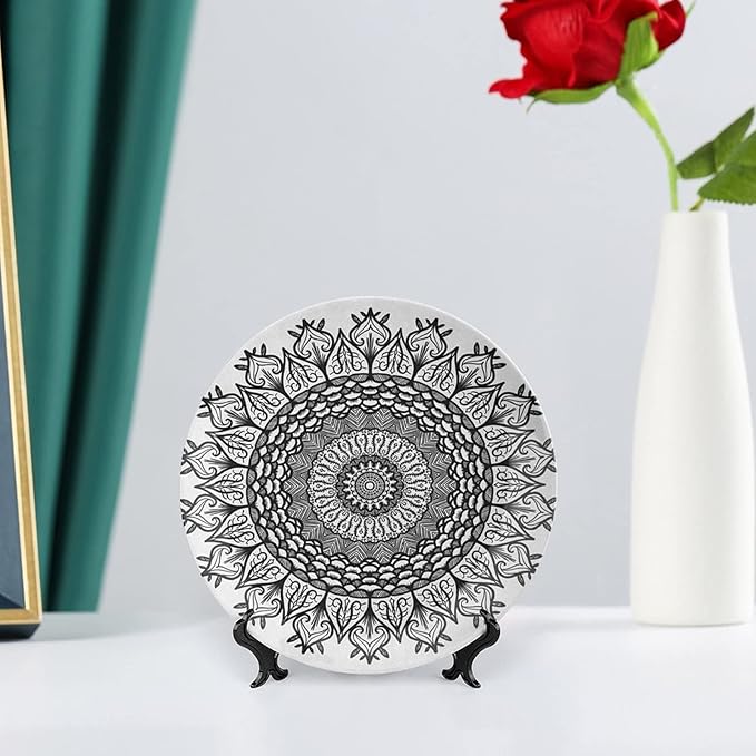 XISUNYA 6 Inch Decorative Plate, Lotus Ceramic Stoneware, Arabesque Mandala Flower Boho Pattern Print Ornament Display Plate Decor Accessory for Dining, Parties, Wedding, Black White